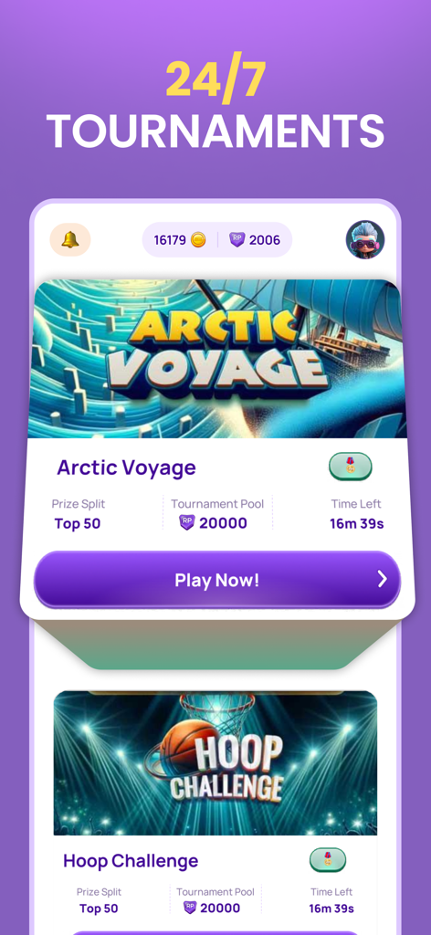 Mobile Esports: Win Prizes - A screenshot of the Mobile Esports app interface showing the 24/7 tournaments menu with games like Arctic Voyage and Hoop Challenge including prize pool details.