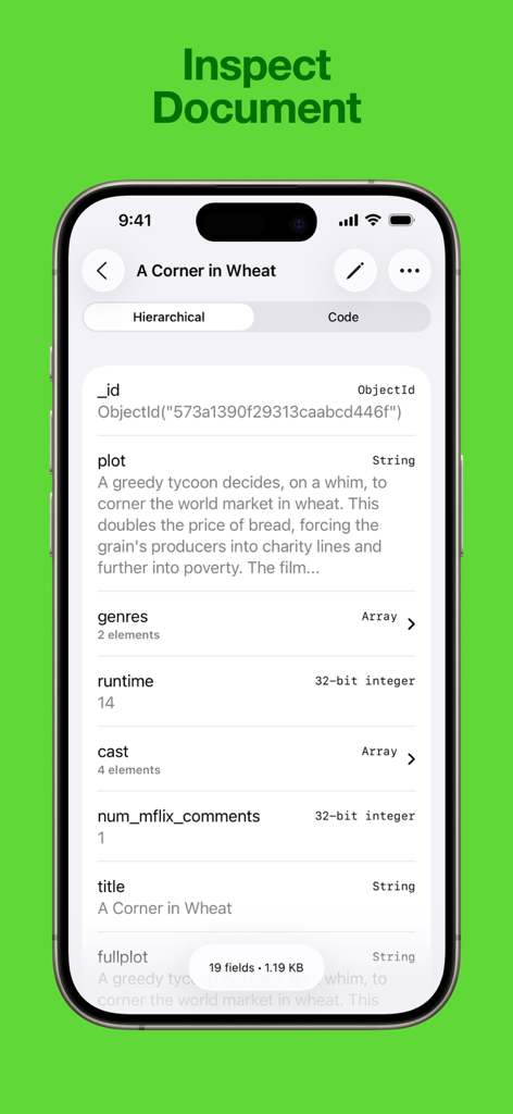 MongoPie - MongoPie app interface for inspecting and viewing MongoDB document details on mobile