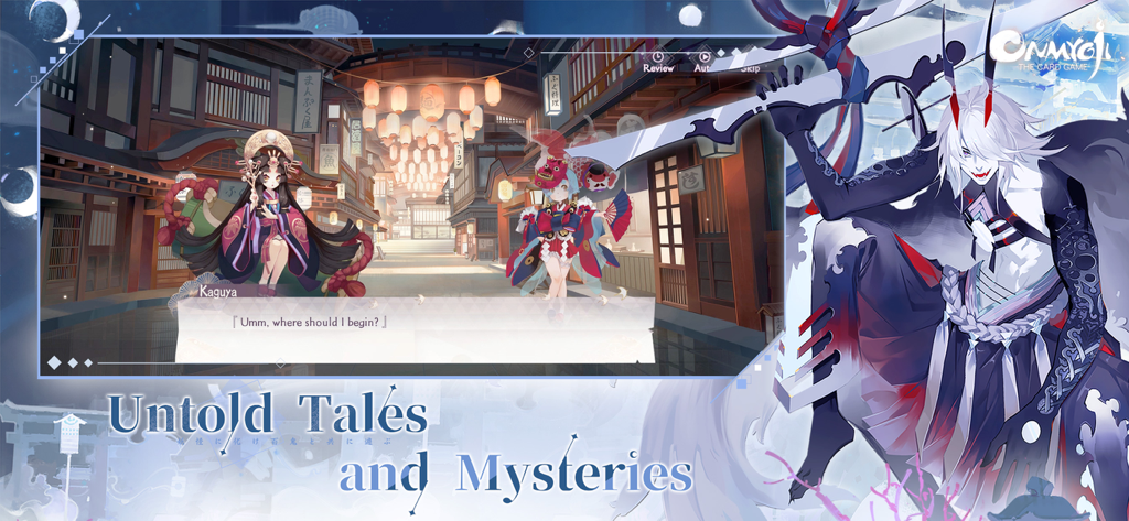 Escena de historia en Onmyoji The Card Game con Kaguya y un personaje de pelo blanco en un entorno urbano japonés.