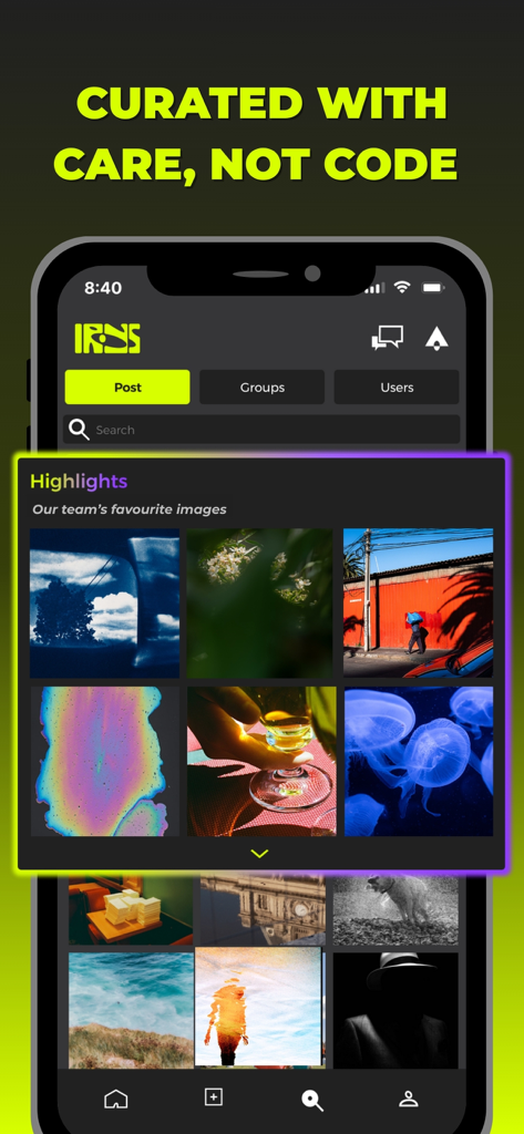 Irys - Irys app interface showing a curated photography highlights feed with the slogan Curated with Care, Not Code.