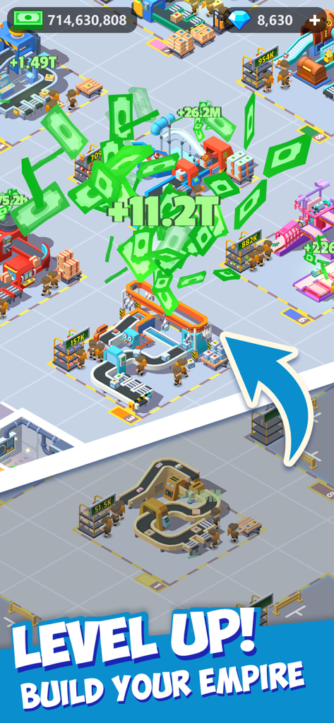 Idle Courier game interface showing a bustling delivery center with packages and currency icons