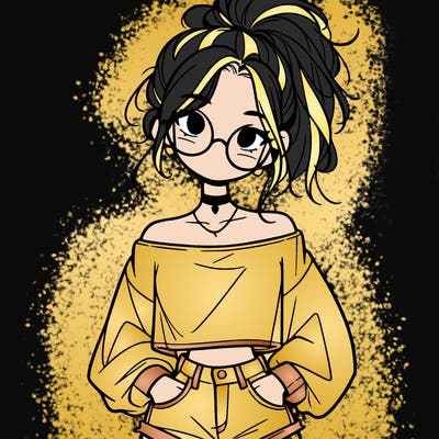 girl with a messy ponytail glasses a baggy crop top and jean shorts
