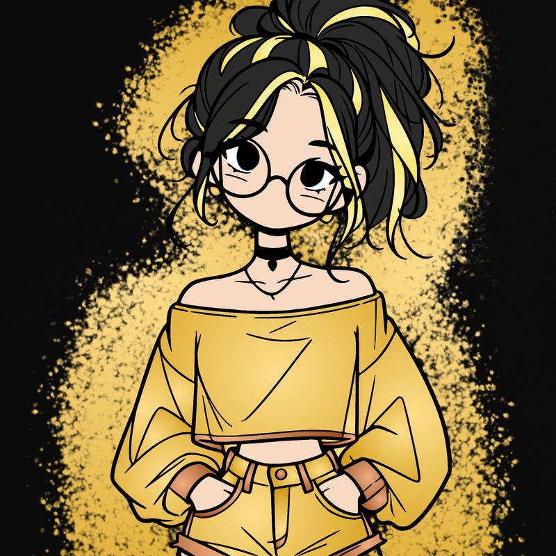 girl with a messy ponytail glasses a baggy crop top and jean shorts