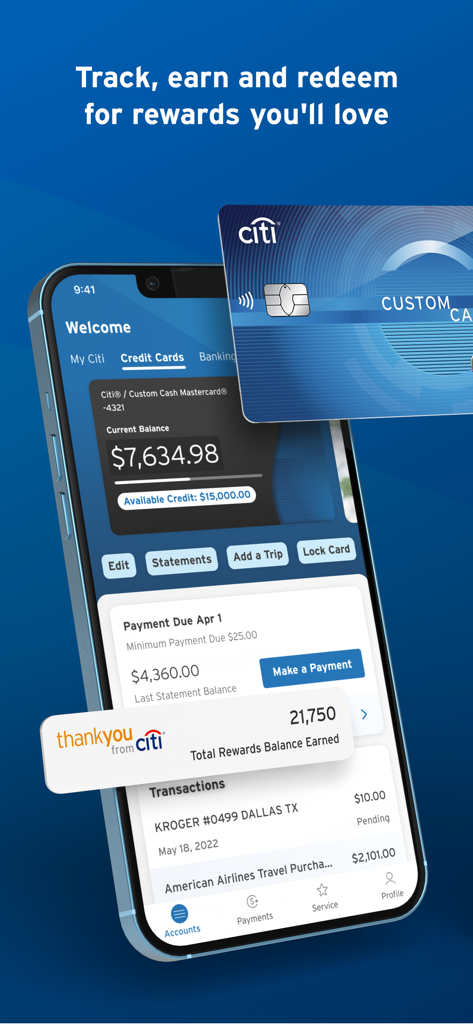 Citi Mobile app interface showing credit card balance and reward points tracking
