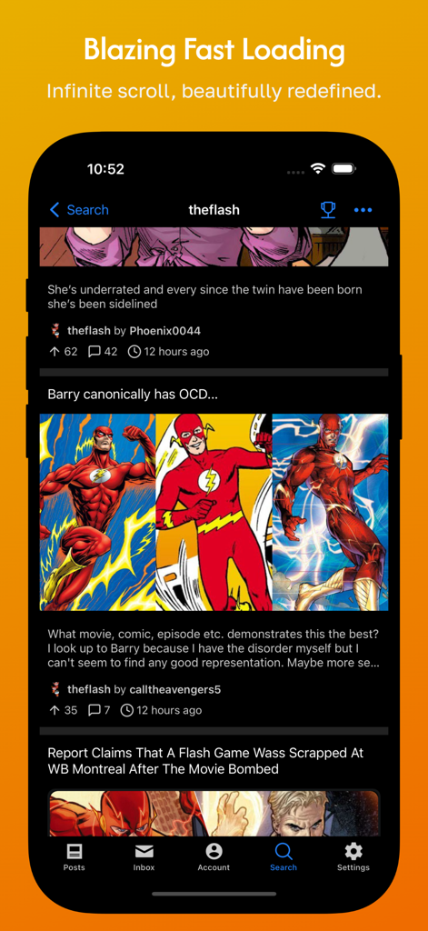 Hydra Reddit client interface showing fast infinite scroll on iOS