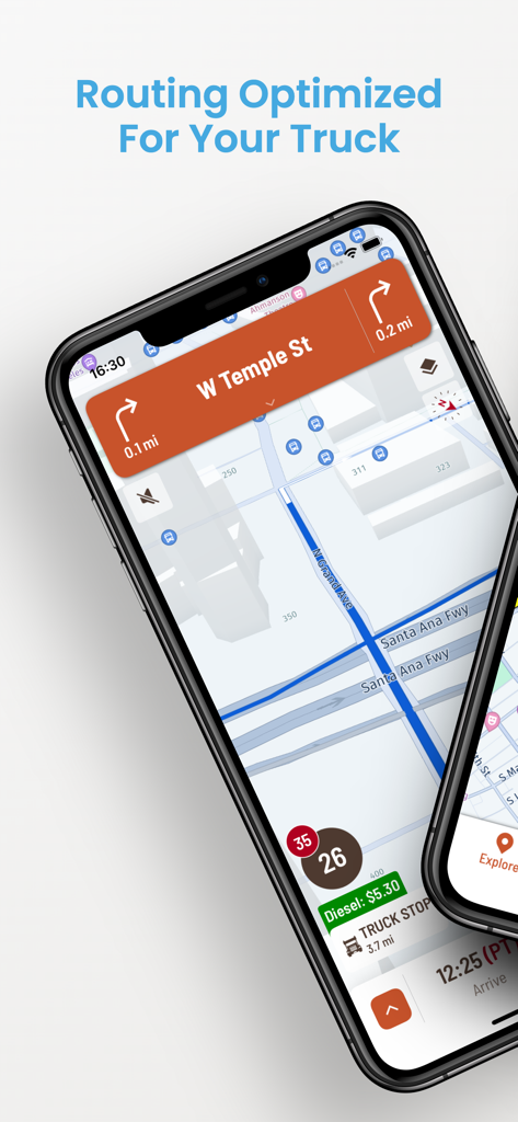 Hammer: Truck GPS & Maps - Hammer Truck GPS app displaying optimized truck routing with diesel prices and navigation info