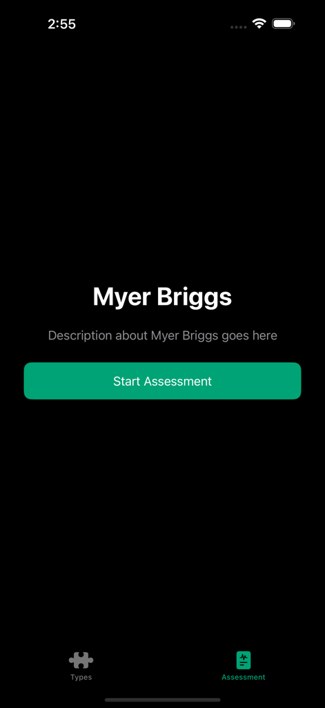 YourMyersBriggs - The landing screen of the YourMyersBriggs app featuring a minimalist black interface and a green Start Assessment button.