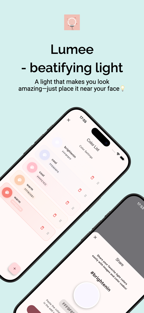 Lumee - Glow up light - Capturas de pantalla de la interfaz de la aplicación Lumee que muestran presets de color de luz embellecedora y la función para compartir.
