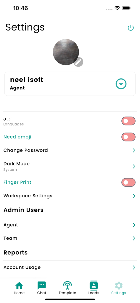 AI-Octopus - Settings screen of the AI-Octopus CRM app showing agent profile and account management features