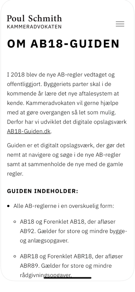 AB18-Guiden - Screenshot der Info-Seite in der AB18 Guiden App mit Informationen zu dänischen juristischen Rahmenbedingungen im Baurecht