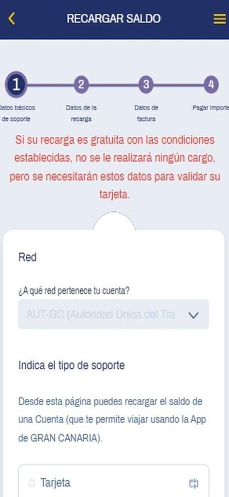 AUTGC - Pantalla de una aplicación móvil para recargar el saldo de una tarjeta de transporte de Gran Canaria que muestra una barra de progreso de cuatro pasos.