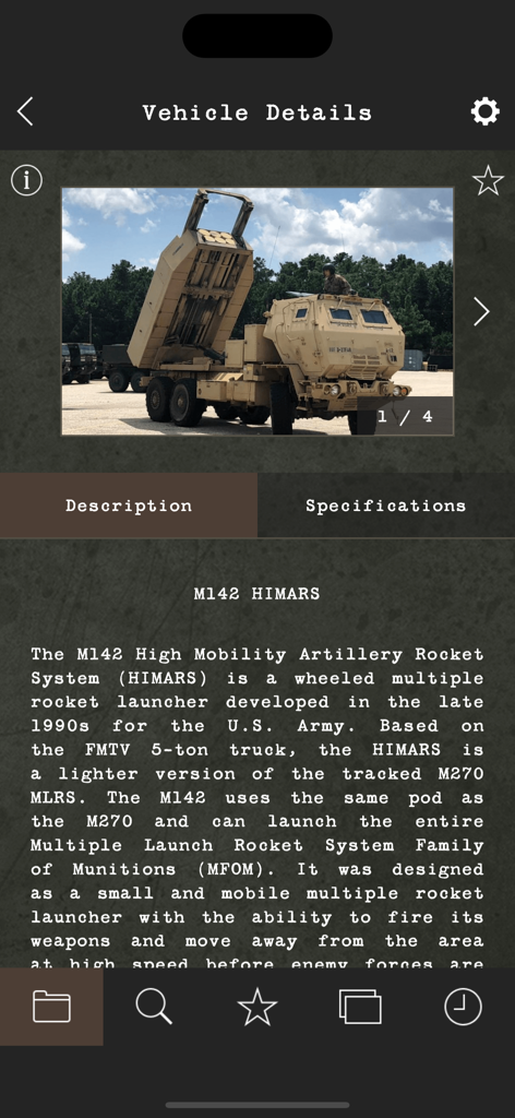 Detailed description and photo of an M142 HIMARS rocket launcher in the Modern Military Vehicles app