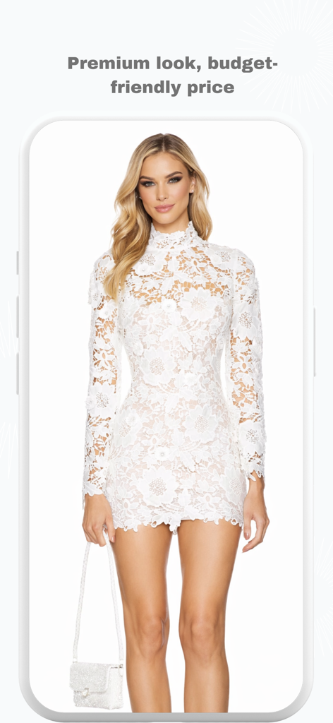 Modelo luciendo un minivestido de encaje blanco con aspecto premium y precio económico