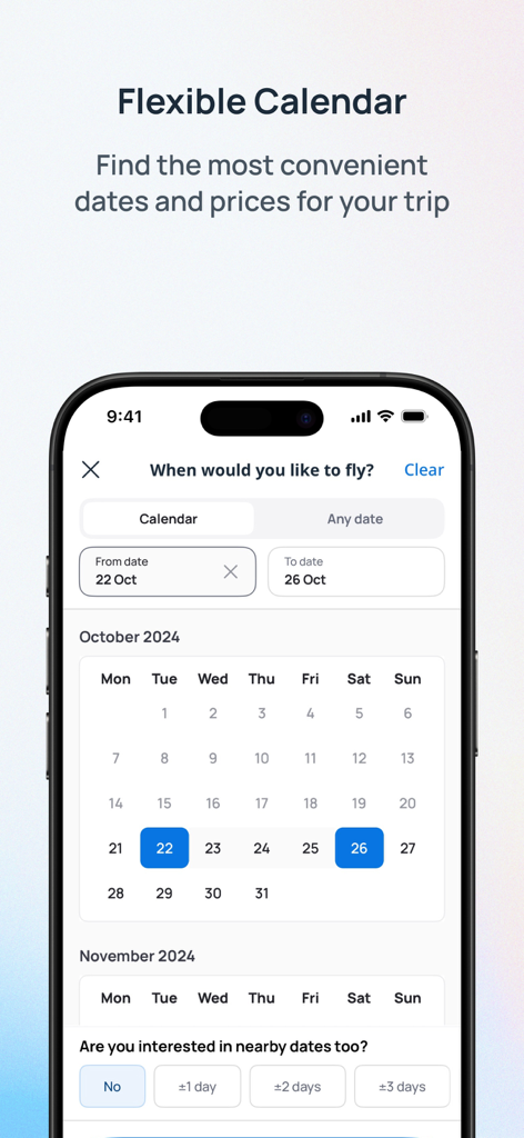 eSky app interface showing a flexible calendar for selecting flight dates and nearby price options