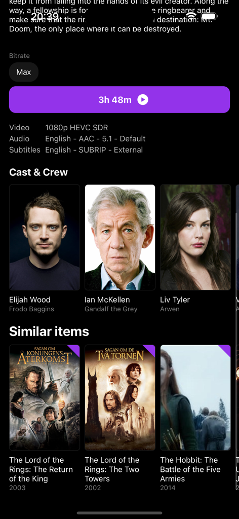 Schermata dei dettagli del film dell'app Streamyfin che mostra i membri del cast e suggerimenti di film simili