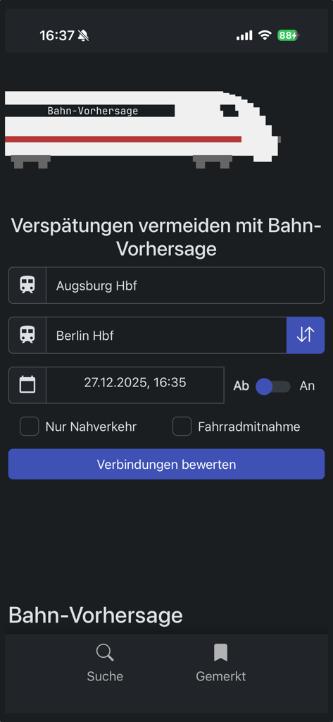 Bahn-Vorhersage - Suchoberfläche der Bahn-Vorhersage-App, die die Planung von Zugverbindungen zwischen Augsburg und Berlin zeigt.