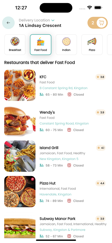 7Krave Food & Marketplace - Aplicativo móvel 7Krave exibindo opções de restaurantes de fast food em Kingston, Jamaica