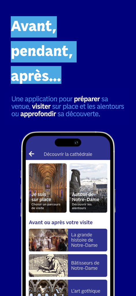 Cathédrale Notre-Dame de Paris - Interface of the Notre-Dame de Paris app showing historical tours and visit planning options.