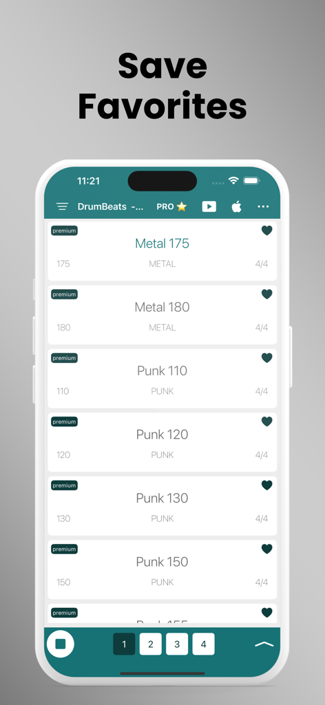 DrumBeats - Real Drum Loops - Smartphone screen showing the DrumBeats app with a list of saved favorite drum loops in various genres like Metal and Punk