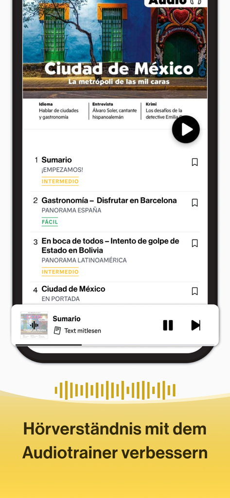 ECOS - Spanisch lernen - Interface do treinador de áudio do aplicativo ECOS para melhorar a compreensão auditiva do espanhol