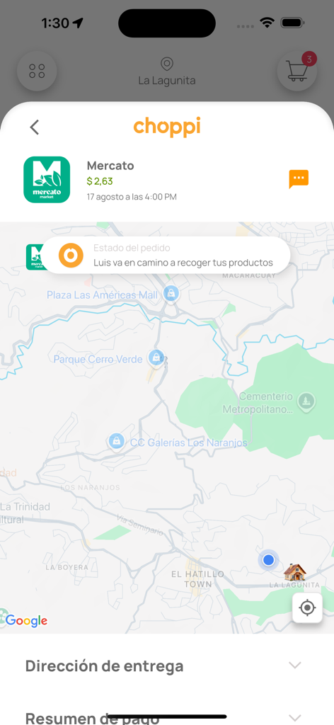 Choppi - Aplicativo móvel Choppi mostrando um mapa de rastreamento de entrega e status do pedido em tempo real.