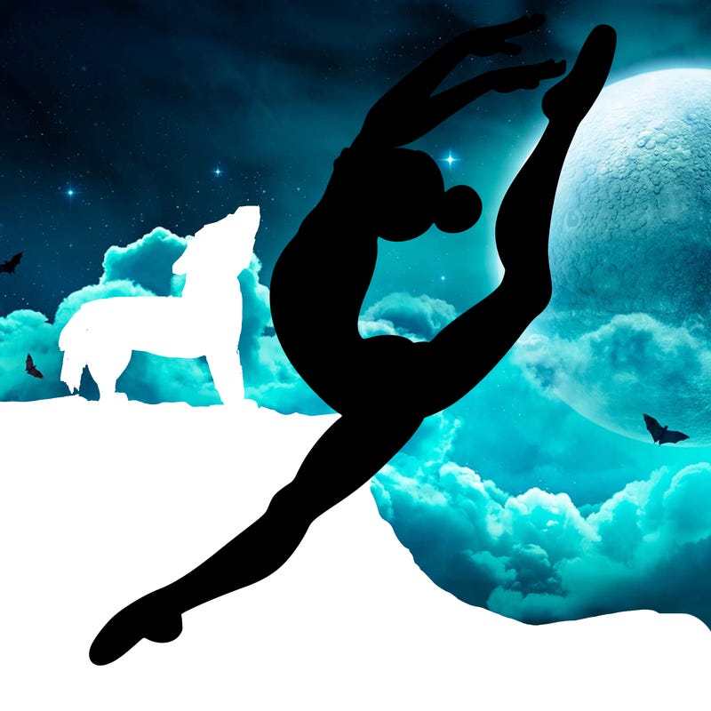 gymnast doing a leap in a leotard with a bent back leg