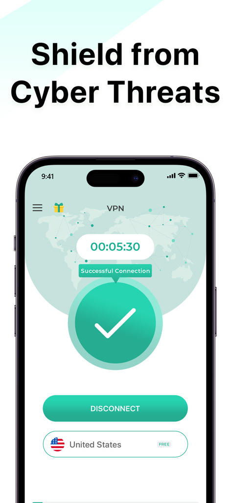 App VPN - Super Fast Unlimited - 사이버 위협 보호를 위해 미국 서버에 성공적으로 연결되었음을 보여주는 App VPN 인터페이스