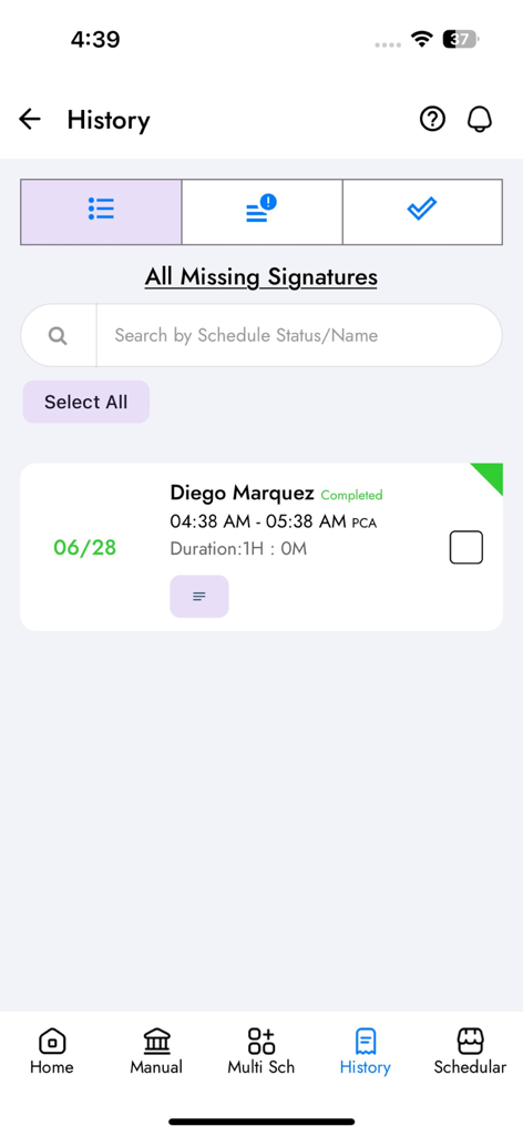 RevivingCare EVV - History screen of the RevivingCare EVV app showing a list of completed home care visits with missing signatures