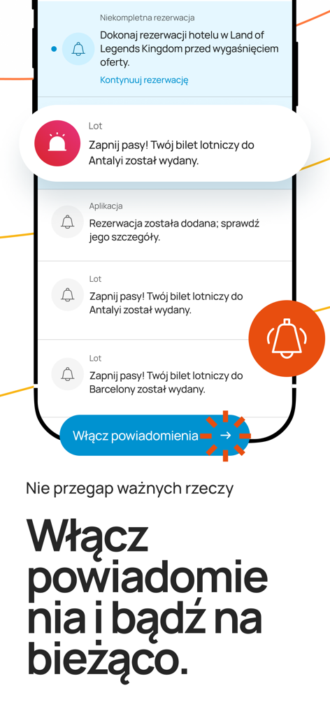Screenshot of the Coral Travel Poland app showing a list of travel notifications and a button to enable alerts.