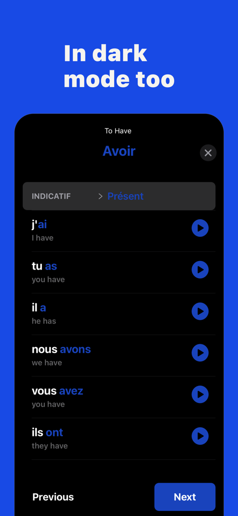 Tabla de conjugación francesa del verbo Avoir en modo oscuro con iconos de pronunciación de audio