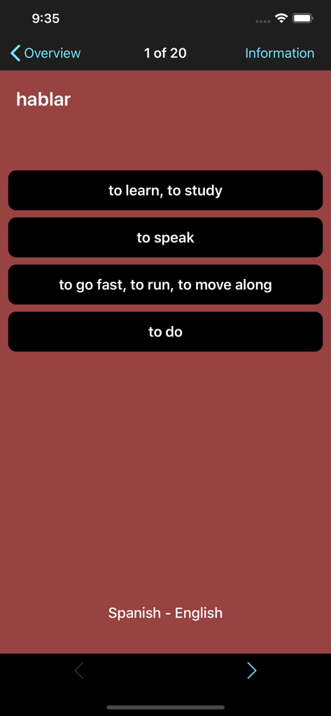 Un cuestionario de vocabulario de opción múltiple en la aplicación VerbForms Espanol preguntando la traducción al inglés del verbo español hablar