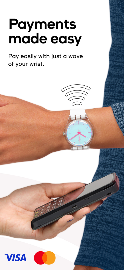 Eine Person verwendet eine Swatch Pay Uhr, um eine kontaktlose Zahlung an einem Kreditkartenlesegerät durchzuführen