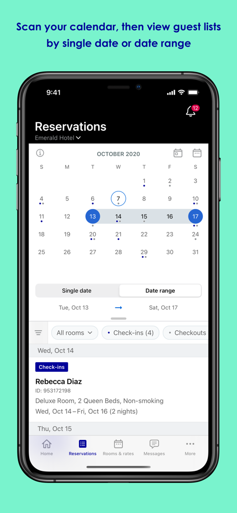 Expedia Group Partner Central - Expedia Group Partner Central app reservations screen showing a calendar view and guest check in details