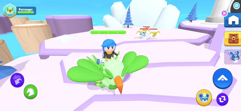A character riding a green bird monster in a snowy landscape in Toonsters Crossing Worlds