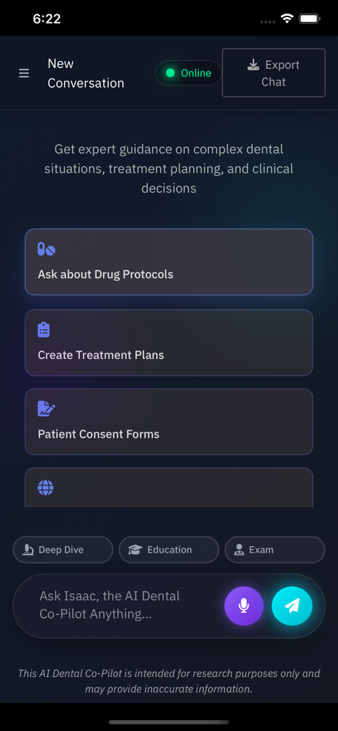 Isaac: AI for Dentistry - Interface of Isaac AI for Dentistry showing clinical guidance options and chat input