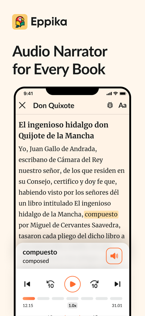 Eppika: Read & Learn Languages - O aplicativo Eppika mostrando uma versão em espanhol de Dom Quixote com narrador de áudio integrado e ferramentas de tradução de palavras.