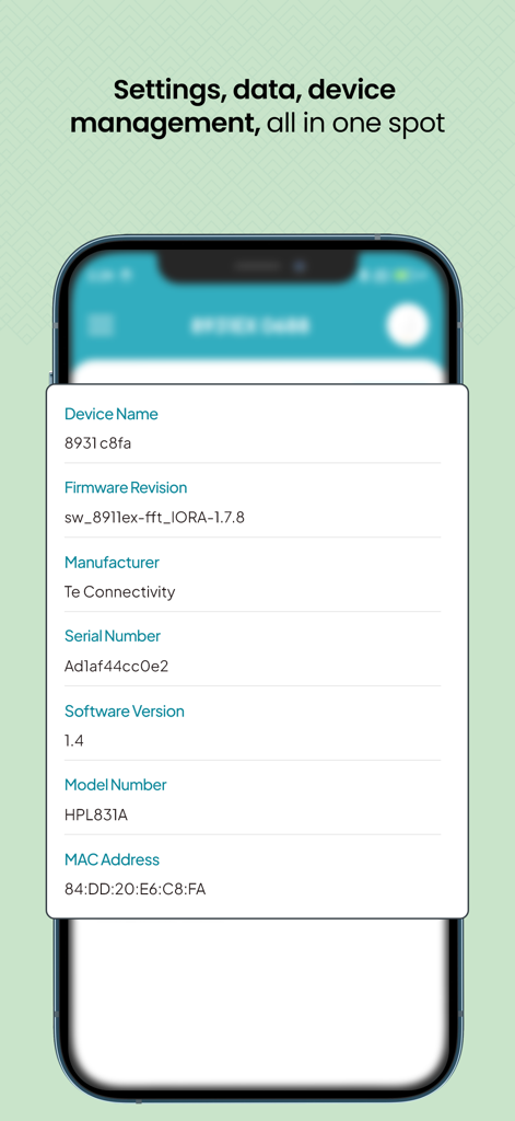 TE SensorConnect dashboard showing technical device specifications including serial and model numbers