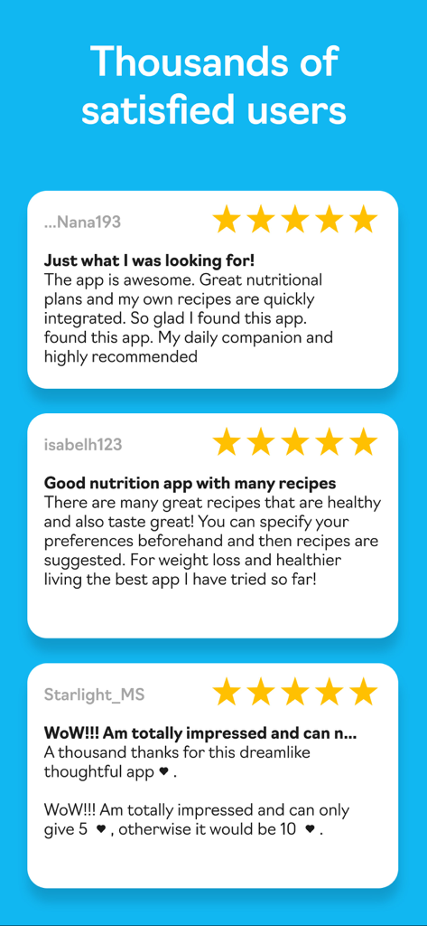 FoodPal - Diet Plan - Screenshot of positive five-star user reviews and testimonials for the FoodPal Diet Plan app.