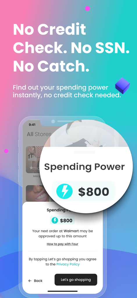 Four app interface showing an eight hundred dollar spending power limit with no credit check required.