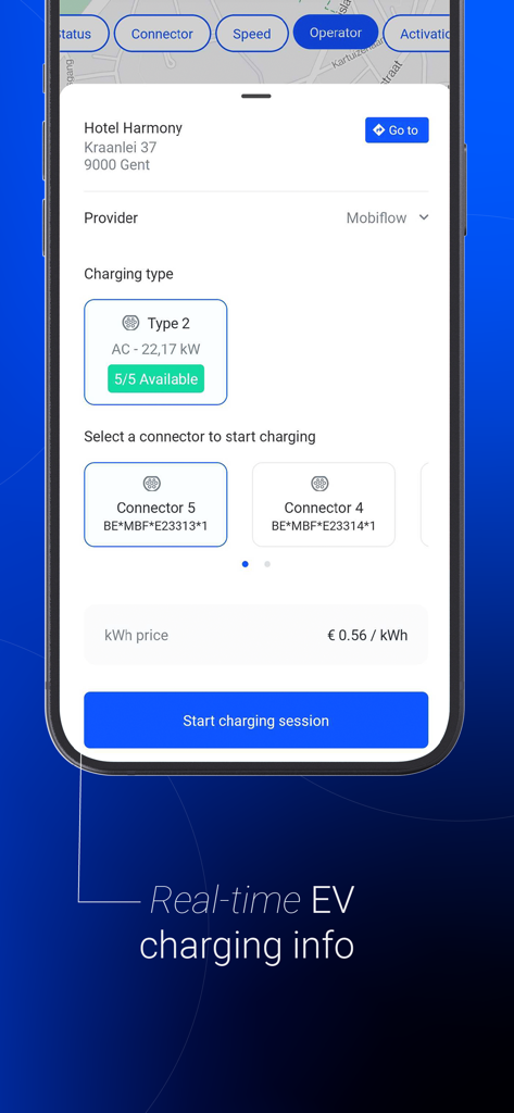 Mobiflow: mobility in 1 app - Mobiflow app interface displaying electric vehicle charging station details and availability