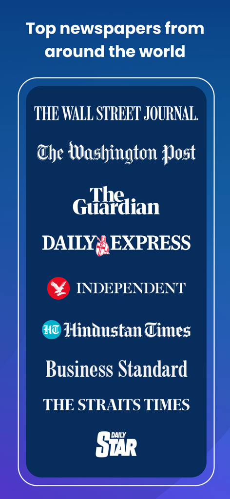 A collection of logos from top international newspapers available on the Magzter app including The Wall Street Journal and The Guardian.