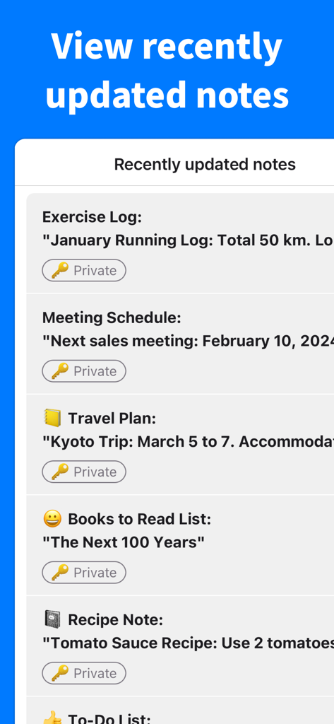 Simple Notes - Take notes - A list of recently updated notes in the Simple Notes app featuring privacy labels for exercise logs, travel plans, and reading lists.