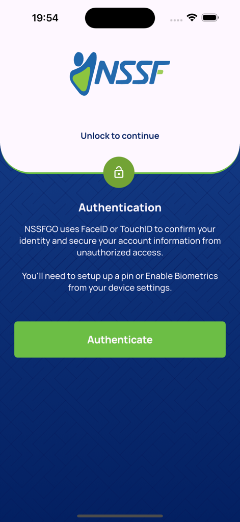 NSSF GO - NSSF GO mobile app authentication screen showing biometric login options for FaceID and TouchID