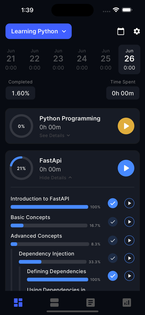 Study Tracker & Timer: TrackIt - Interfaz de la aplicación TrackIt que muestra el progreso de estudio de Python y el rastreador del plan de estudios