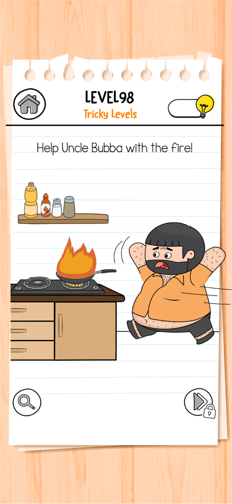 A cartoon brain teaser level from Brain Test 3 where Uncle Bubba is panicking near a kitchen fire.