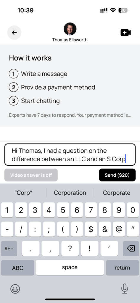 User interface of Minnect app showing steps to ask a business expert a question