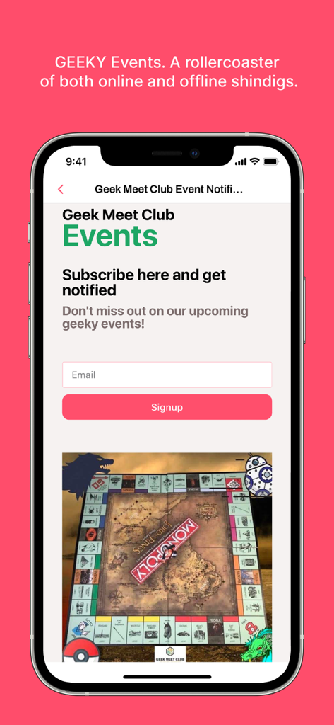 A screenshot of the Geek Meet Club app showing the events signup page with a themed board game background.