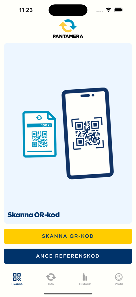 Interface of the Pantamera recycling app showing a smartphone scanning a QR code on a deposit receipt.