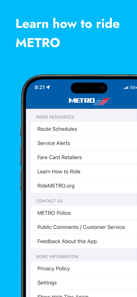 Tela do aplicativo móvel RideMETRO mostrando um menu com recursos para o passageiro, informações de contato e configurações do aplicativo