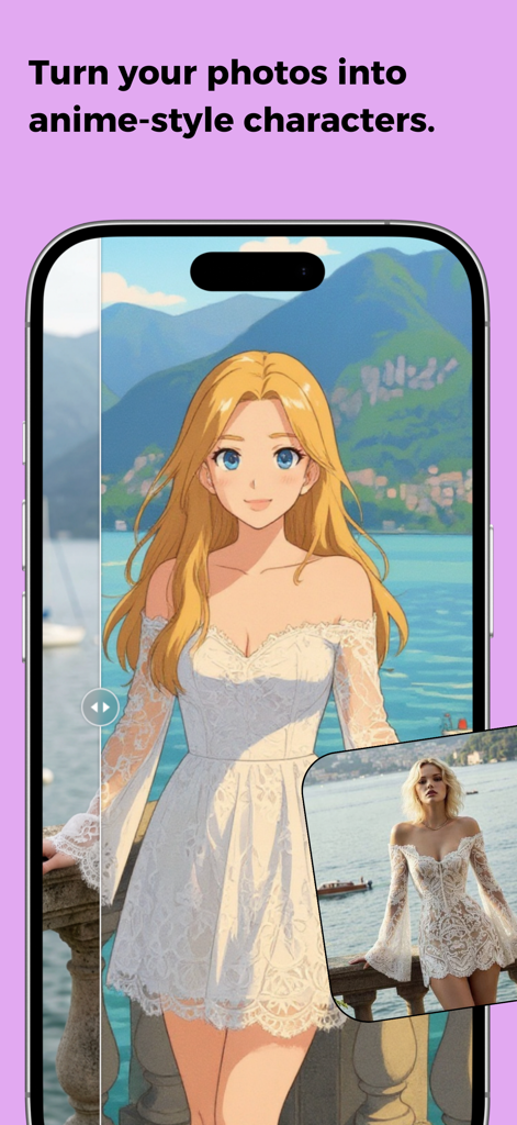 Wave AI: Image & Video Maker - Smartphone screen showing a photo of a woman in a lace dress transformed into an anime character using Wave AI